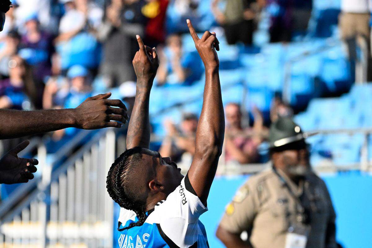 Sep 21, 2024; Charlotte, North Carolina, USA; Charlotte FC forward Kerwin Vargas (18) reeacts after scoring a goal in the second half at Bank of America Stadium. Mandatory Credit: Bob Donnan-Imagn Images