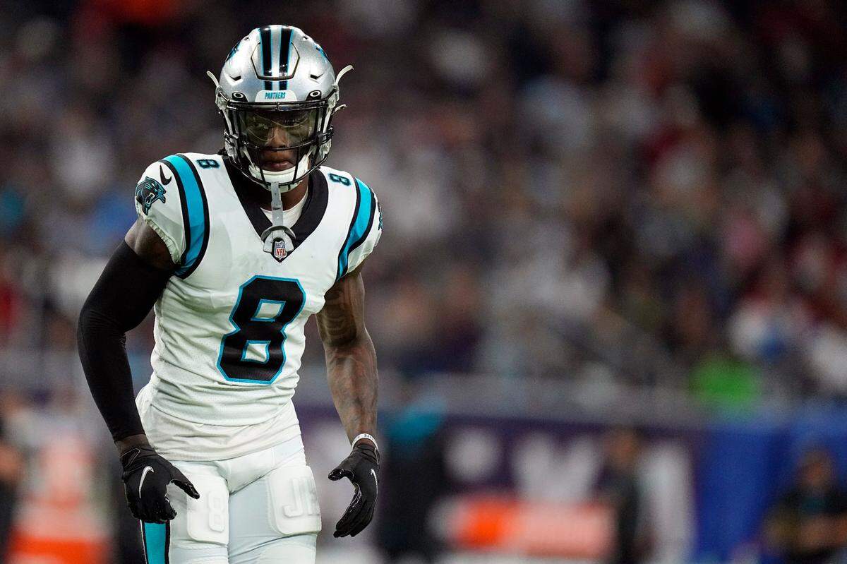 Carolina Panthers cornerback Jaycee Horn (8) lines up against the Houston Texans during the first half of an NFL football game Thursday, Sept. 23, 2021, in Houston. (AP Photo/Eric Christian Smith)