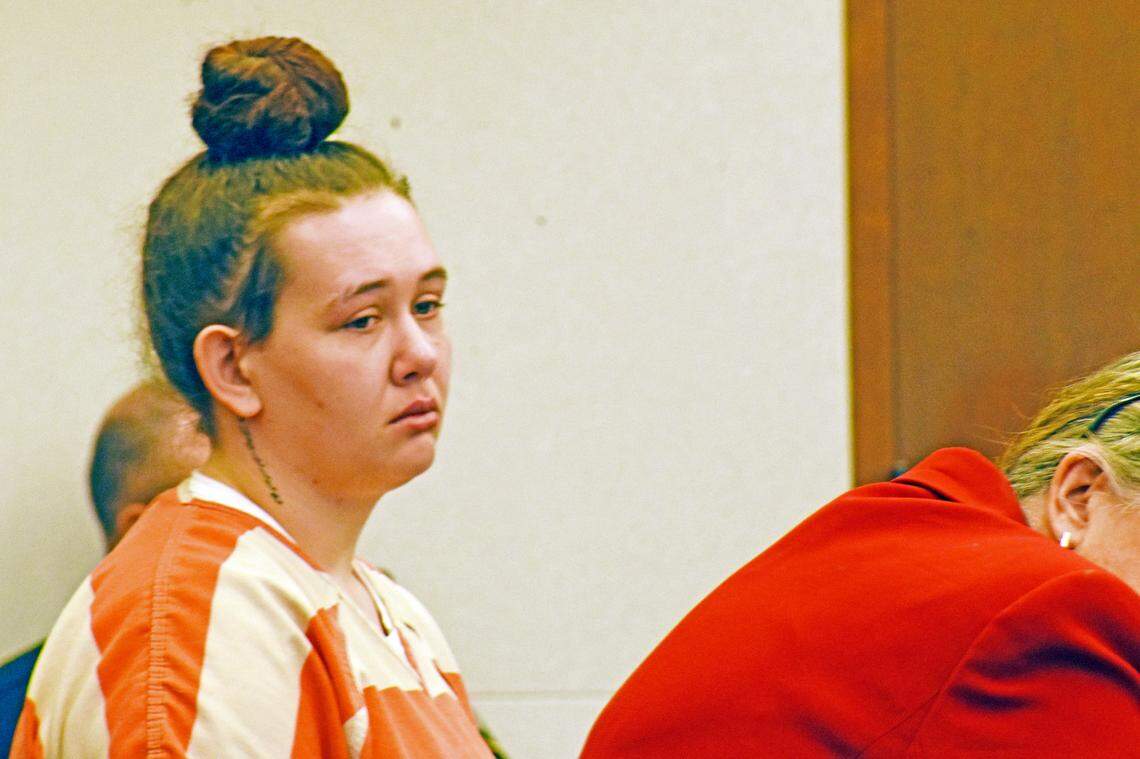 Haley Godshall of Long View sheds tears as she listens to Assistant District Attorney Nancy Lee explain how 16-month-old Kingston Jenkins died, during a hearing at Catawba County Superior Court, Tuesday, Sept. 20, 2022, in Newton, N.C. Godshall pleaded guilty on Tuesday to involuntary manslaughter in the death of the 16-month-old boy. An autopsy listed fentanyl as the cause of death for the toddler.