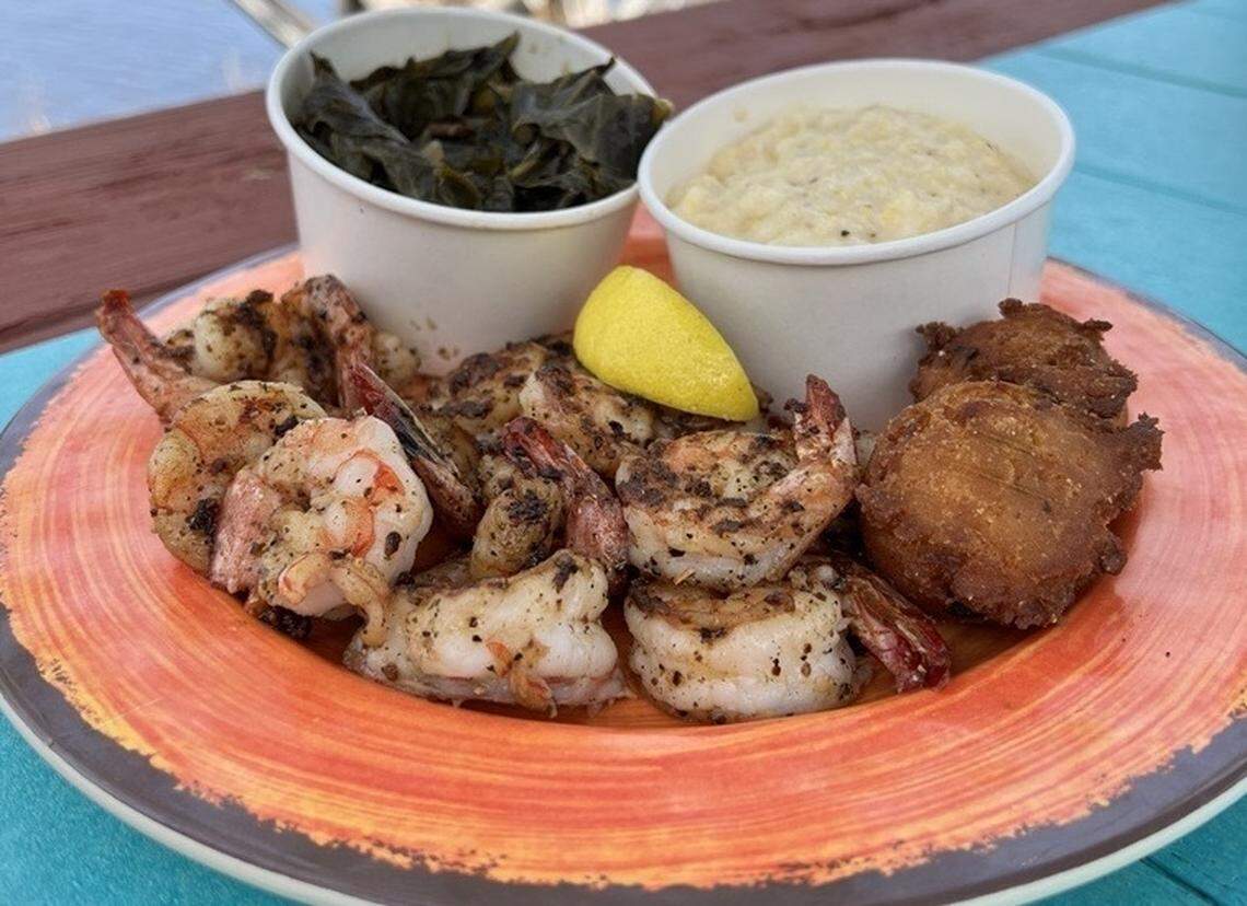 At Palms Fish Camp, one of the stops on the Mayport Shrimp Tail, the delicacy comes fried, grilled or blackened with two sides and hushpuppies.