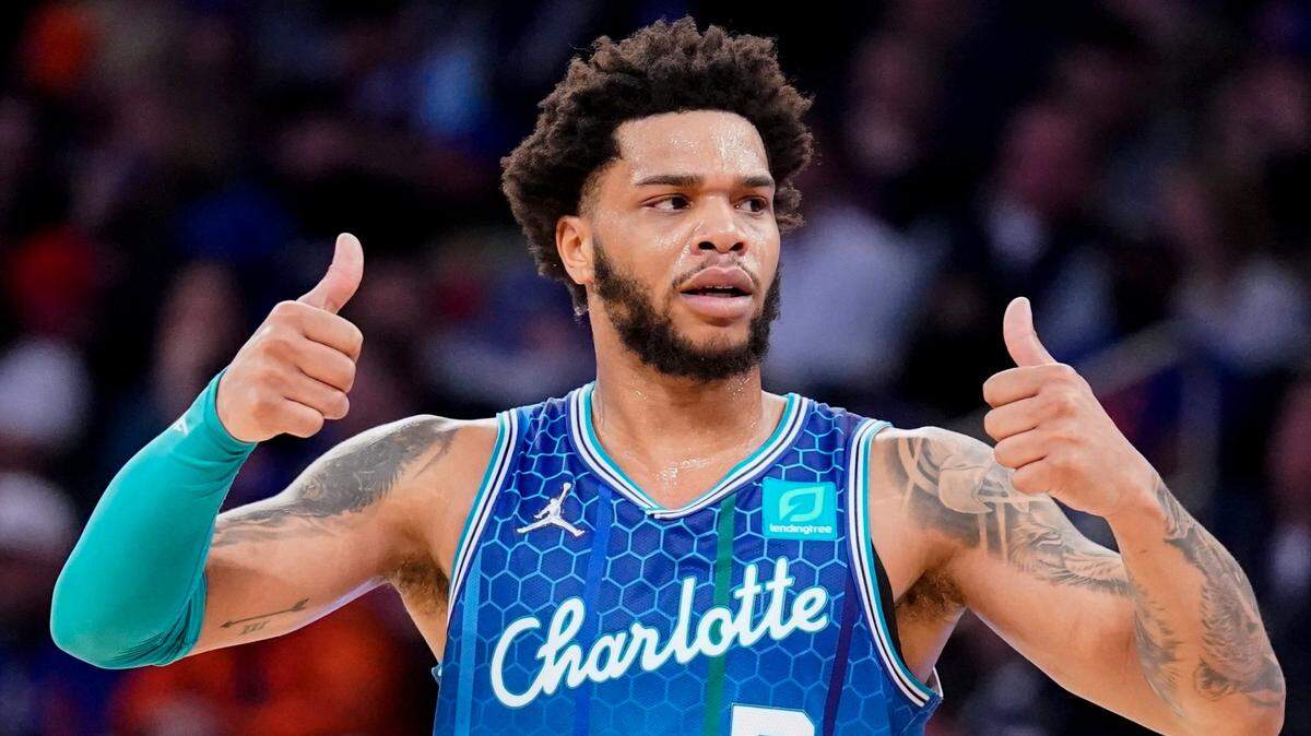 Charlotte Hornets forward Miles Bridges gestures to his teammates during the second half of an NBA basketball game against the New York Knicks, Monday, Jan. 17, 2022, in New York. (AP Photo/John Minchillo)