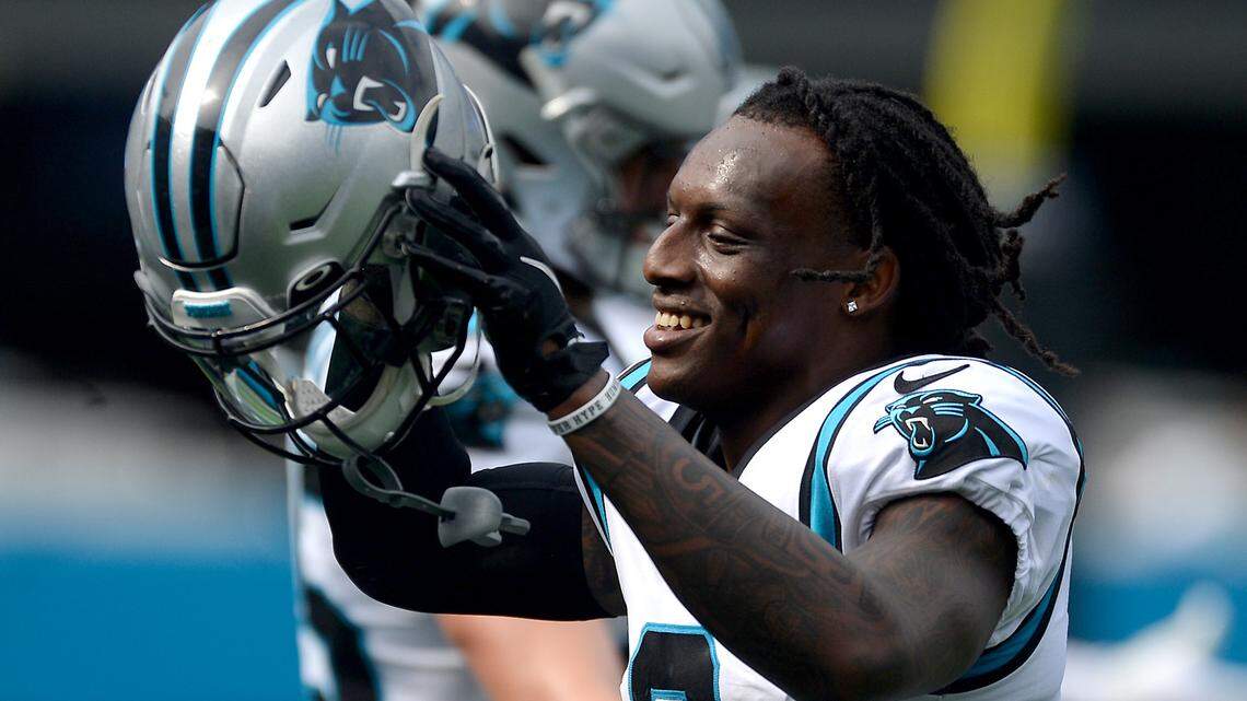 Carolina Panthers cornerback Jaycee Horn smiles as he runs off the field after narrowly missing an interception during fourth quarter action against the New Orleans Saints at Bank of America Stadium in Charlotte, NC on Sunday, September 18, 2021.The Panthers defeated the Saints 26-7.