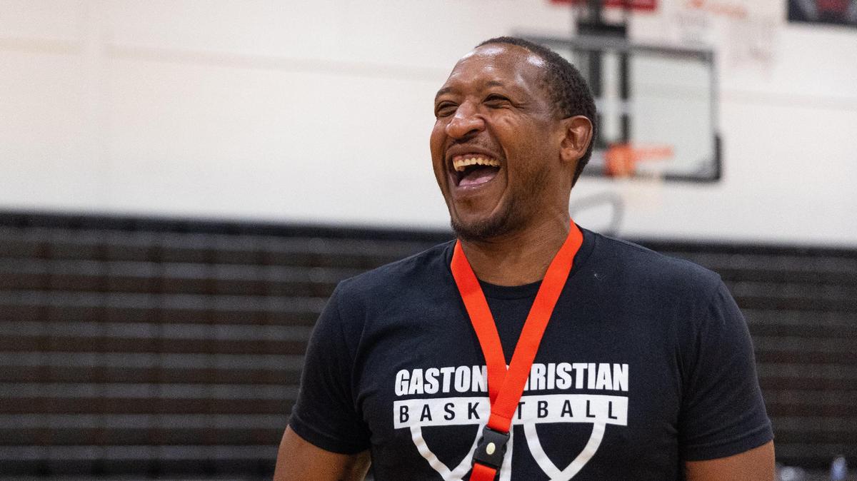 Coach Chris Duhon laughs during practice at Gaston Christian High School in Gastonia, North Carolina on October 11, 2023.
