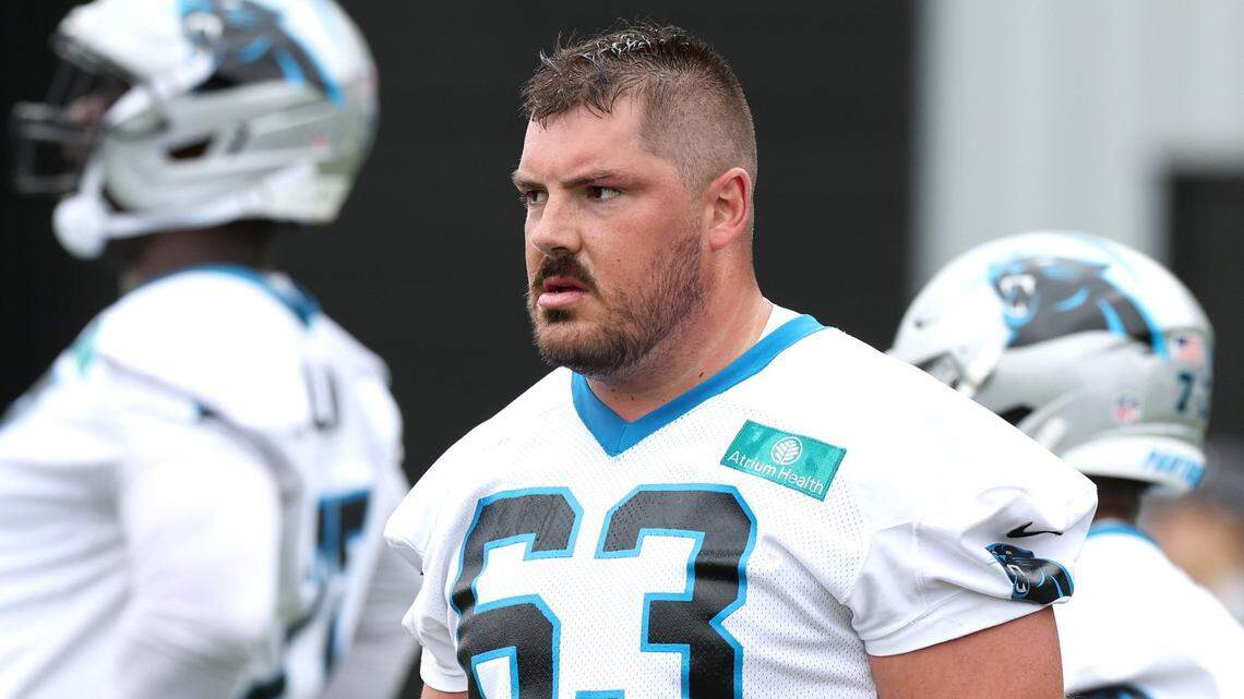 Carolina Panthers center Austin Corbett during a May practice in Charlotte.