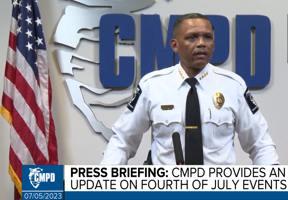 CMPD Chief Johnny Jennings speaks during a press conference Wednesday, July 5 about a disruption in uptown during the Fourth of July that resulted in a number of juveniles arrested and parents cited.