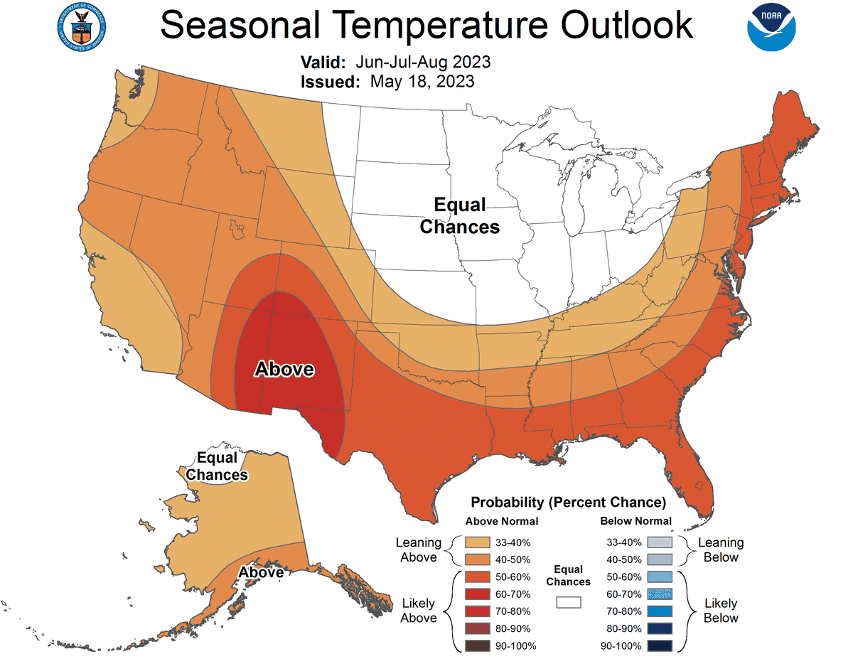 The National Oceanic and Atmospheric Administration seasonal temperature outlook for June, July and August.