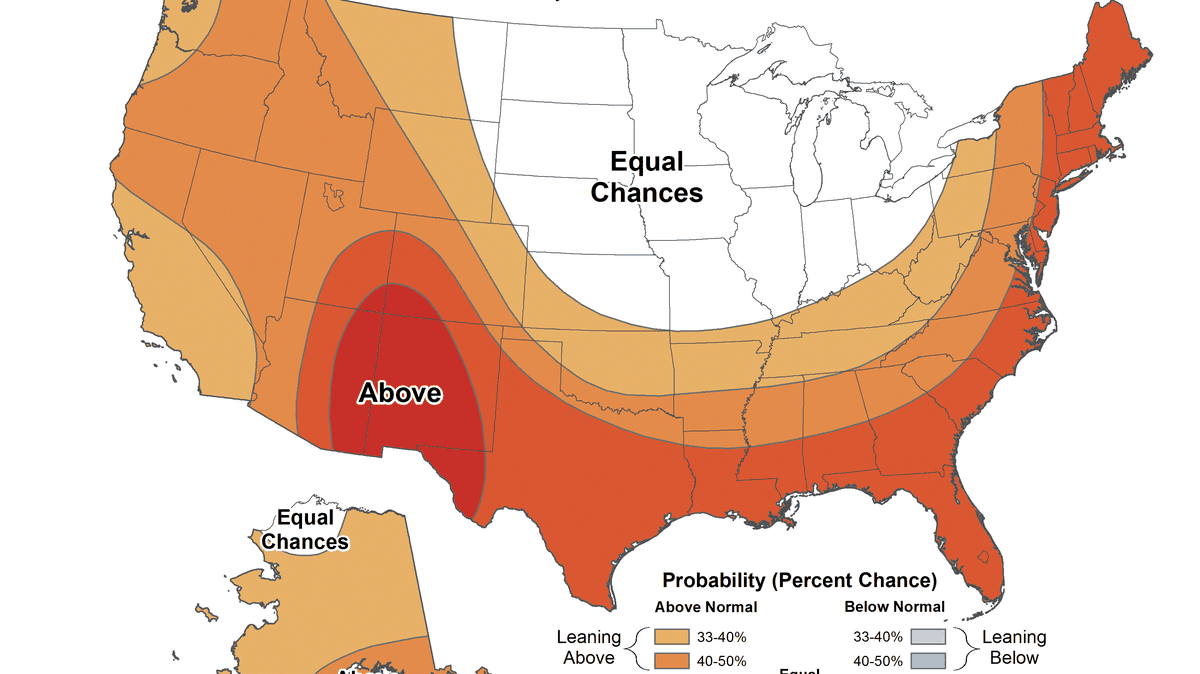The National Oceanic and Atmospheric Administration seasonal temperature outlook for June, July and August.