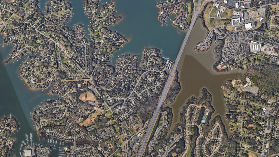 A Google maps screenshot of Lake Norman and Lake Cornelius.