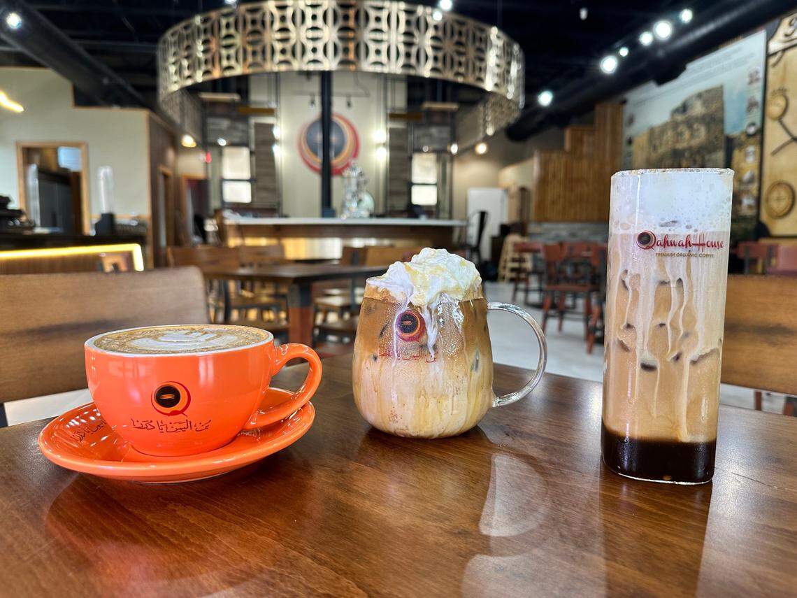 A hot Yemeni latte, an iced Yemeni latte and a brown sugar shaken espresso at Qahwah House.