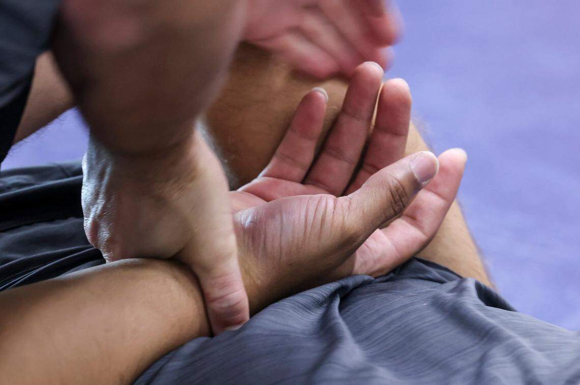 Law enforcement officers train in compliance and control techniques related to use of force at the North Carolina Justice Academy in Salemburg Tuesday, Feb. 8, 2022.