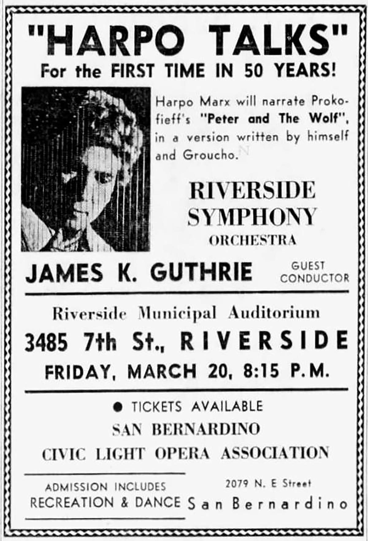 Harpo ad for the Riverside concert