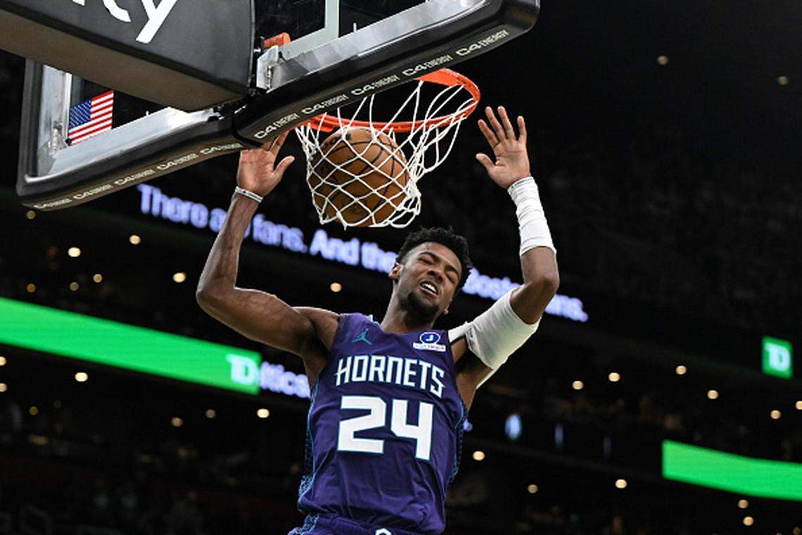 Brandon Miller of the Charlotte Hornets dunks and scores against the Boston Celtics during the second half at the TD Garden.