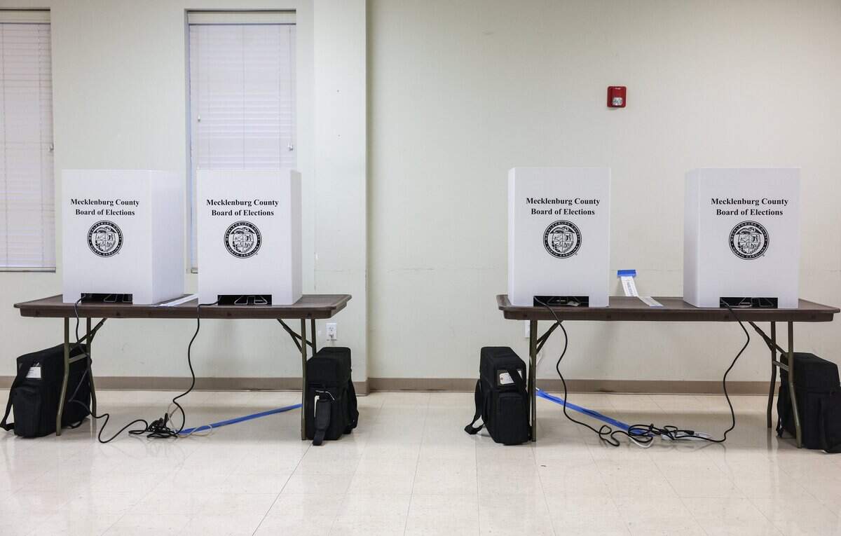 Ballot booths sit at the ready for voters at Sharon Presbyterian Church in south Charlotte during the primary election on Tuesday, Sept. 9, 2025.