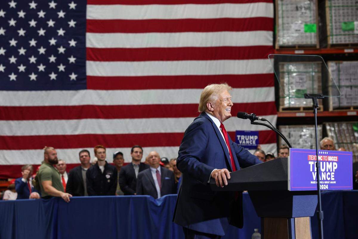 Former President Donald Trump speaks at a campaign rally inside the Mosack Group manufacturing warehouse in Mint Hill, NC on Wednesday, September 25, 2024.