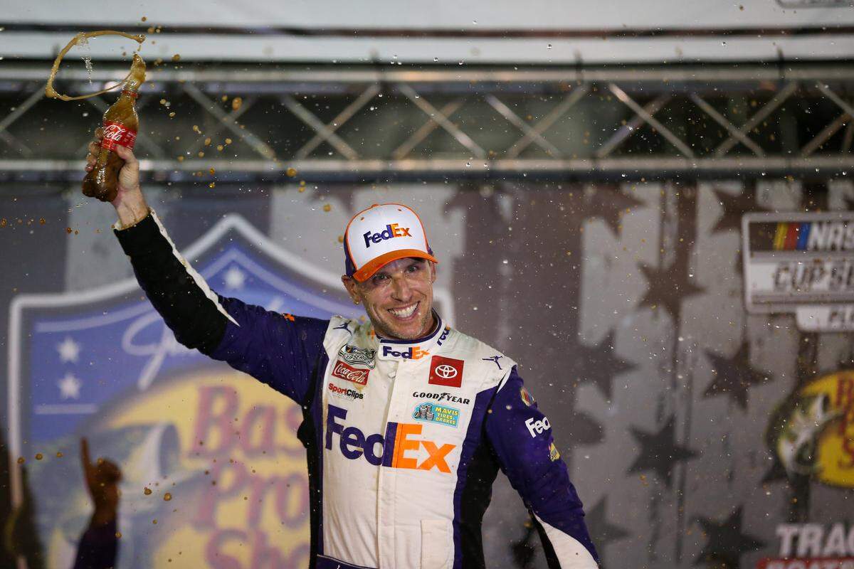 NASCAR Cup Series driver Denny Hamlin (11) wins the Bass Pro Shops Night Race at Bristol Motor Speedway.