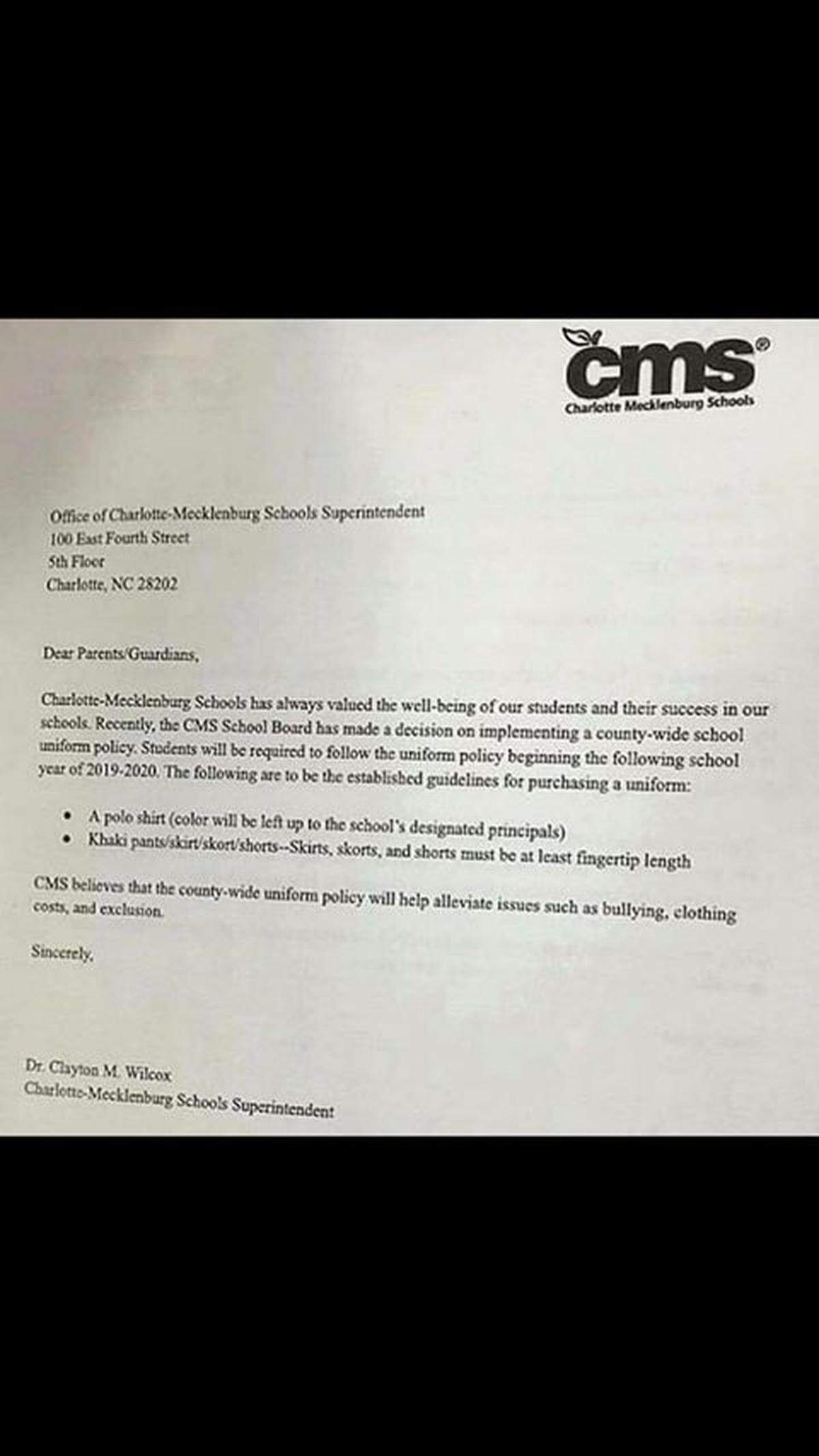 This memo about school uniforms, circulating on social media, is faked, according to Charlotte-Mecklenburg Schools officials.