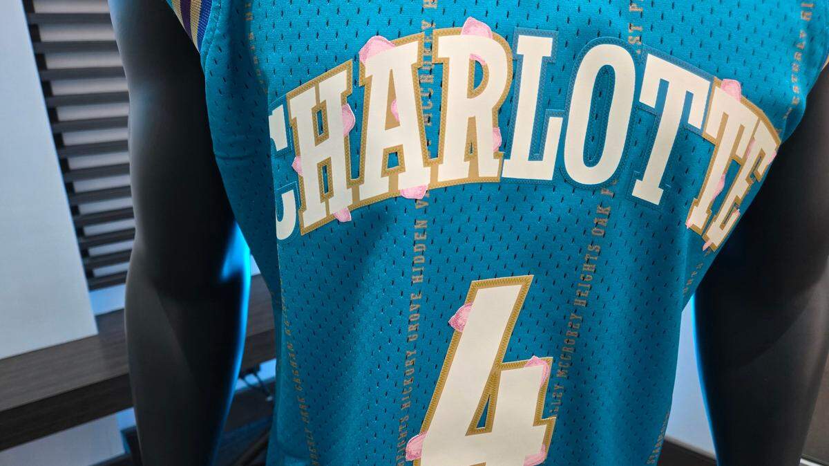 The Charlotte Hornets’ newest jersey, representing Black excellence for Black History month. The uniform features the names of more than 20 prominent Black neighborhoods and streets of Charlotte’s past and present in pinstripe fashion, which mirrors the Hornets’ classic teal uniforms worn during the organization’s inaugural season until the design changed in 1996-97 season.