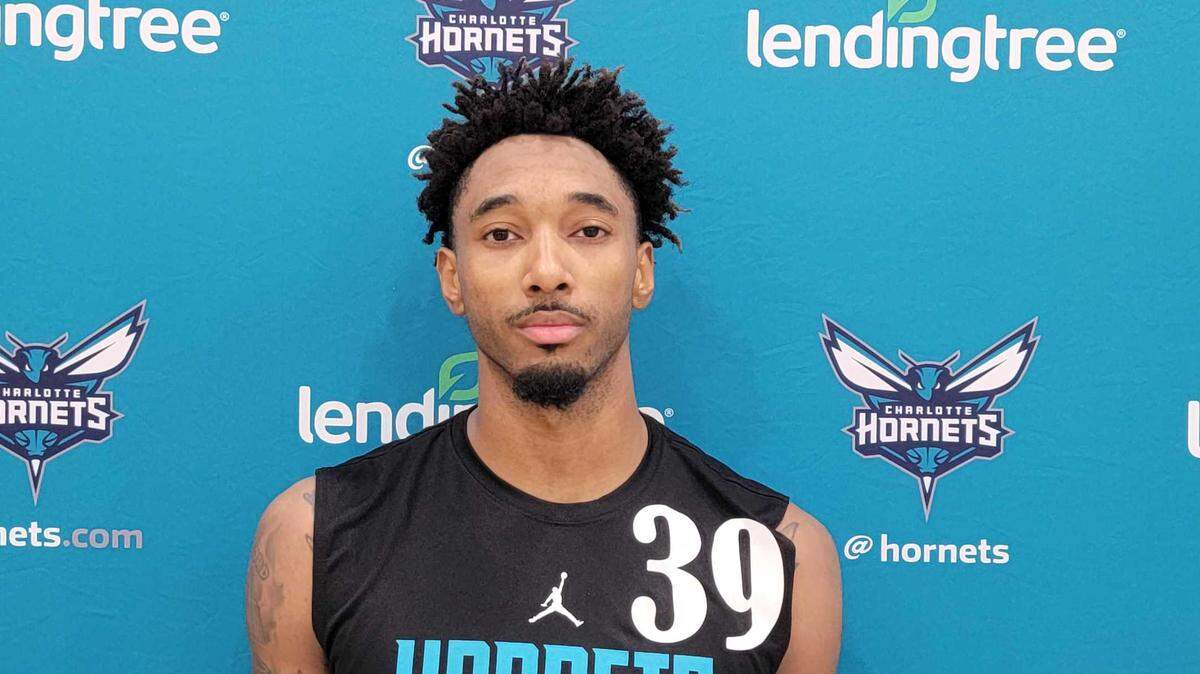 Leaky Black talks to the media following a pre-draft workout for the Charlotte Hornets on June 3, 2023.