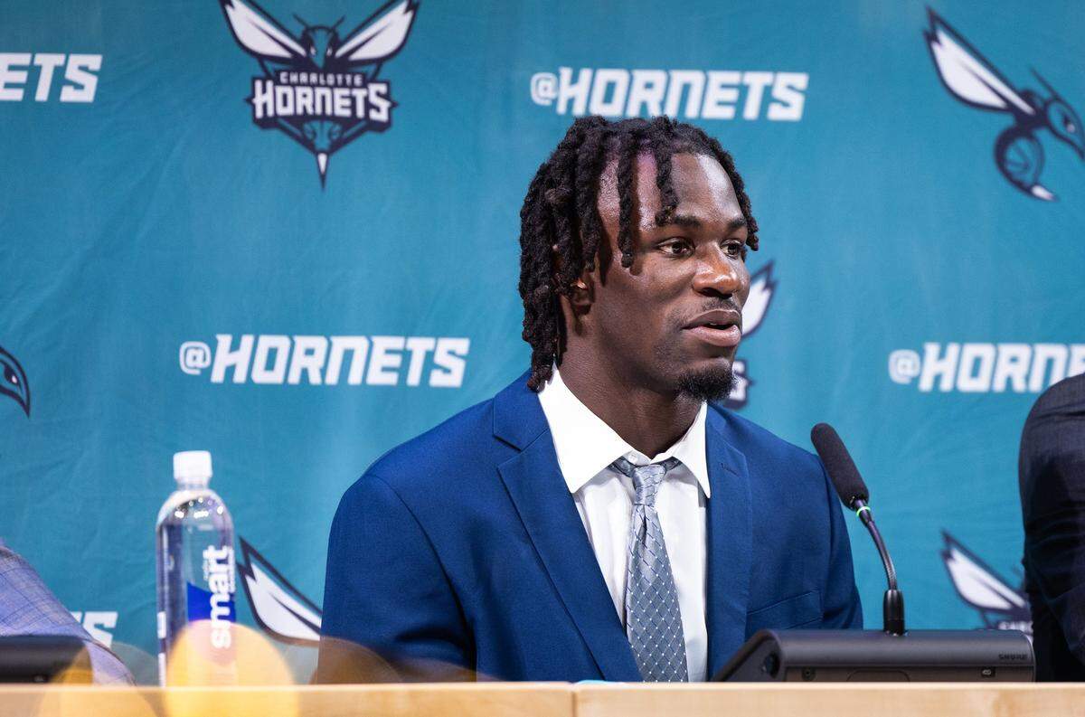 Sion James speaks during a press conference introducing the Hornets’ new players on Friday afternoon.