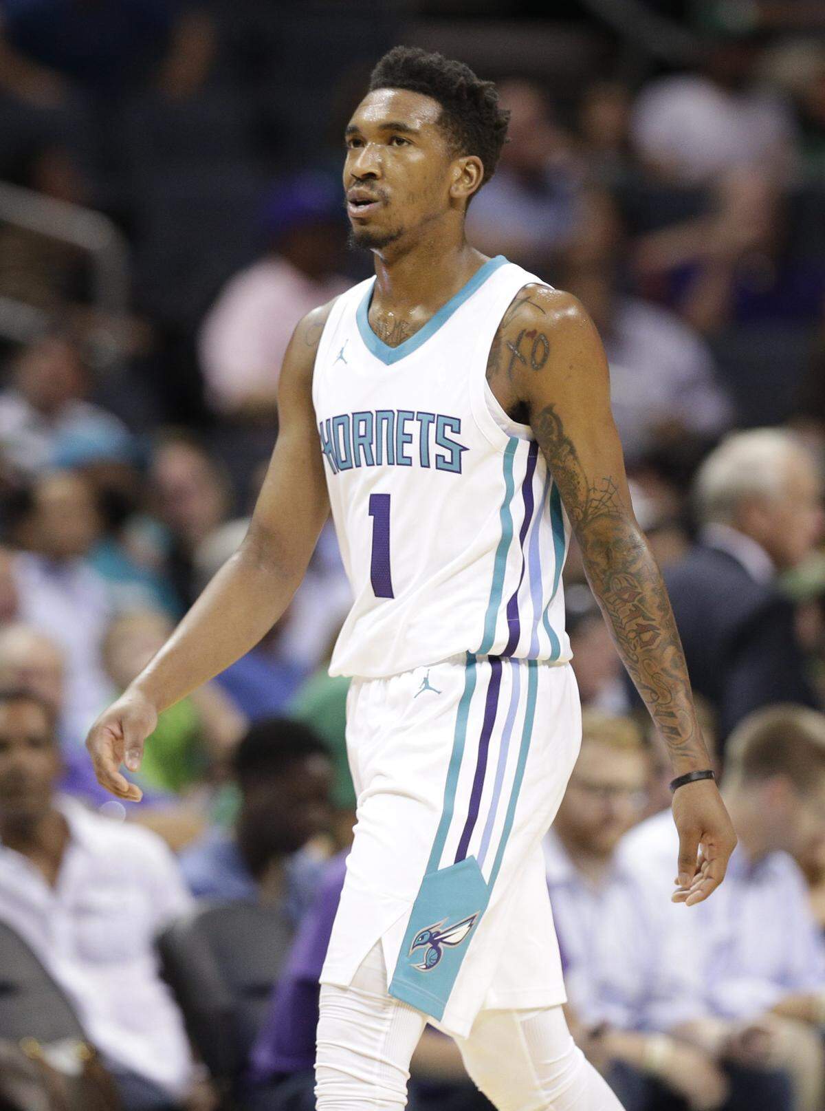 Charlotte Hornets' Malik Monk (1) reacts after a basket against the Boston Celtics in the first half of a preseason NBA basketball game in Charlotte, N.C., Wednesday, Oct. 11, 2017. (AP Photo/Chuck Burton)