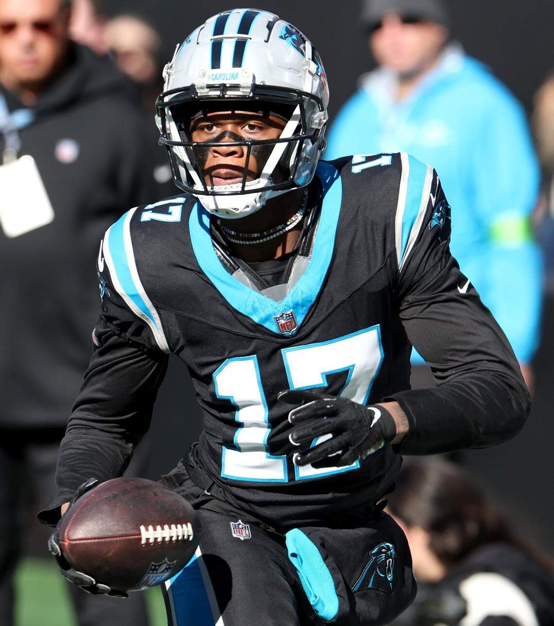 Carolina Panthers wide receiver DJ Chark runs along the sideline following a pass reception from quarterback Bryce Young during second-quarter action at Bank of America Stadium in Charlotte, NC on Sunday, January 7, 2024.