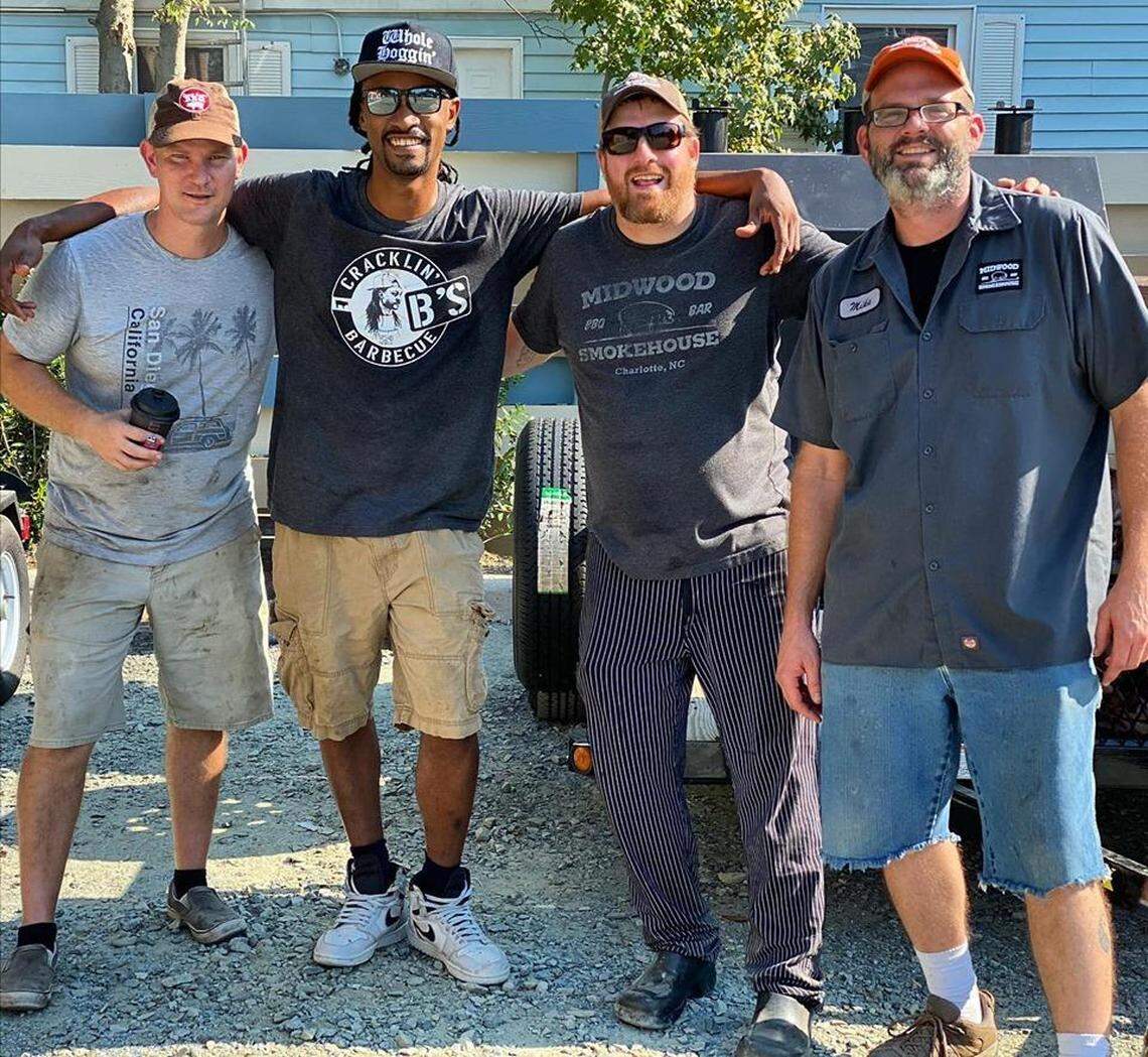 Lewis Donald of Sweet Lew’s Barbecue, left; Bryan Furman of B’s Cracklin’ BBQ ATL, second from left; and Matt Barry and Michael Wagner of Midwood Smokehouse recently collaborated for an event at Sweet Lew’s with Jon G’s Barbecue.
