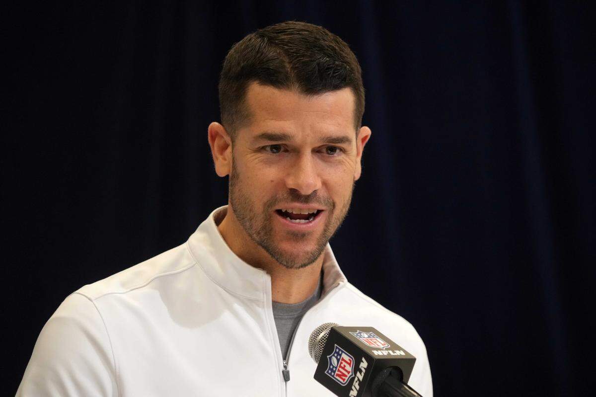 Feb 25, 2025; Indianapolis, IN, USA; Carolina Panthers coach Dave Canales speaks during the NFL Scouting Combine at the Indiana Convention Center. Mandatory Credit: Kirby Lee-Imagn Images
