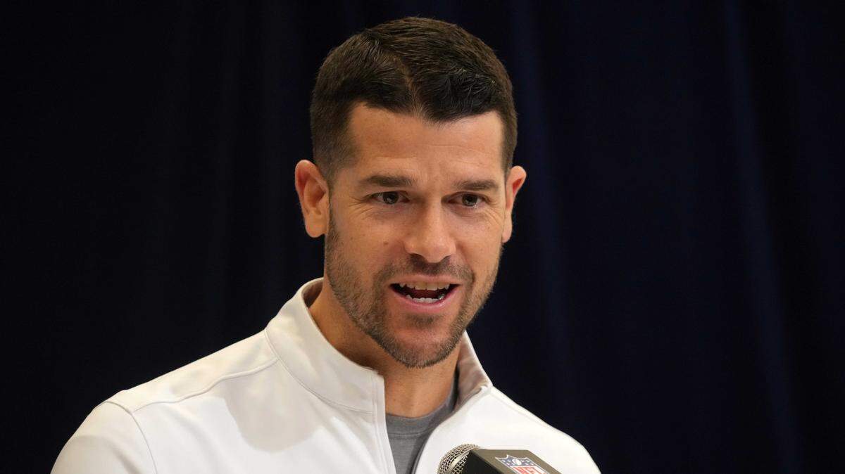 Feb 25, 2025; Indianapolis, IN, USA; Carolina Panthers coach Dave Canales speaks during the NFL Scouting Combine at the Indiana Convention Center. Mandatory Credit: Kirby Lee-Imagn Images