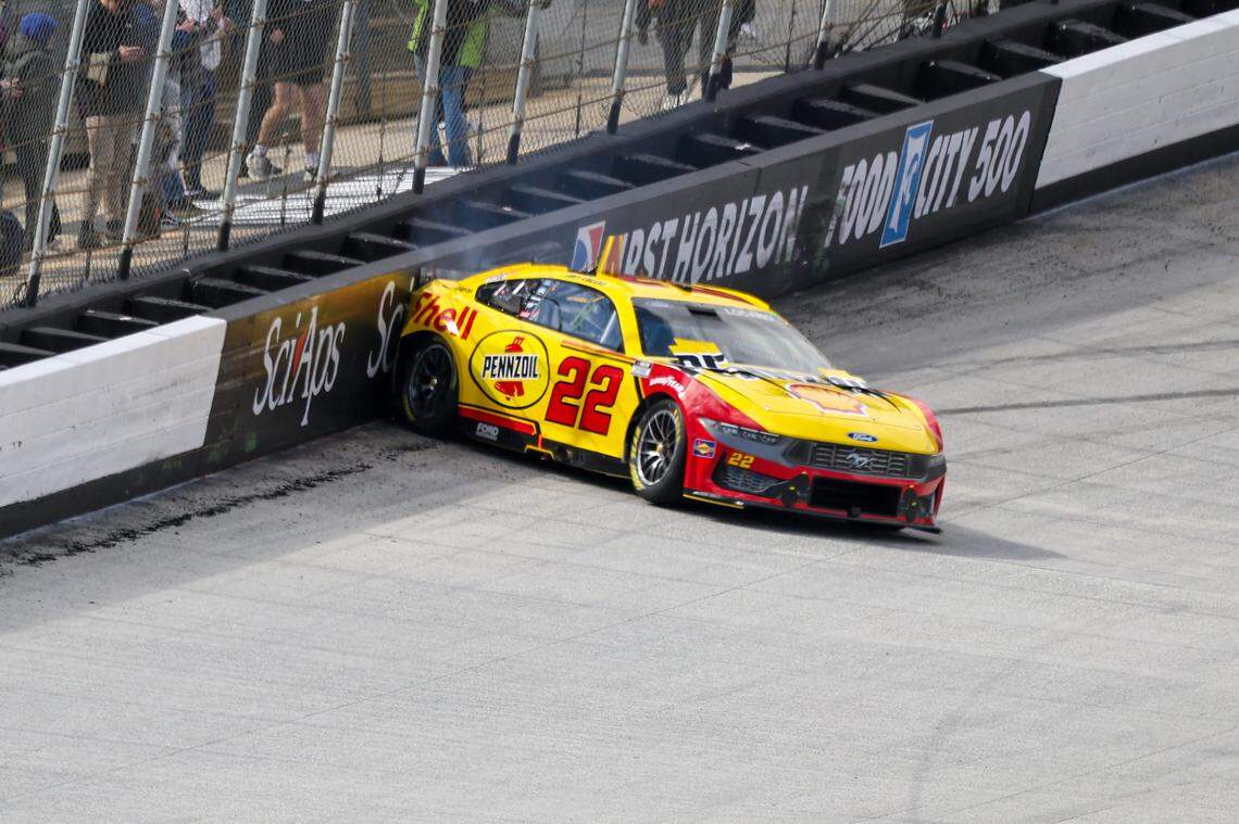 Apr 12, 2025; Bristol, Tennessee, USA; NASCAR Cup Series driver Joey Logano (22) spins and hits the wall during qualifying for the NASCAR Food City 500 at Bristol Motor Speedway.