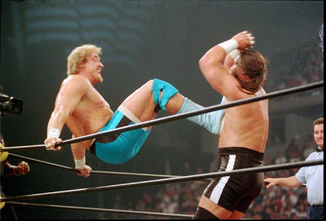 Kevin Green kicks Mongo McMichael duinga bout held at the Mark, Sunday evening June 15, 1997 in Moline, IL.