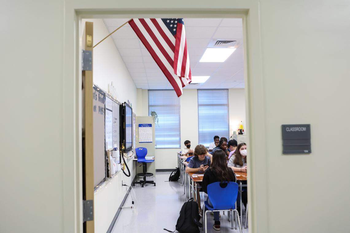 Students sit quietly at their desks in Miss King’s eleventh grade homeroom during the first day of school at Palisades High School, a brand new CMS campus, on Monday, August 29, 2022 in Charlotte, NC.