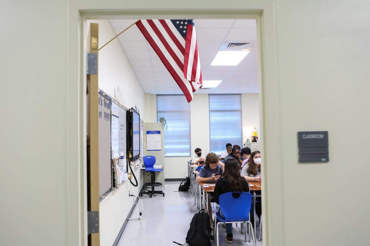 Students sit quietly at their desks in Miss King’s eleventh grade homeroom during the first day of school at Palisades High School, a brand new CMS campus, on Monday, August 29, 2022 in Charlotte, NC.