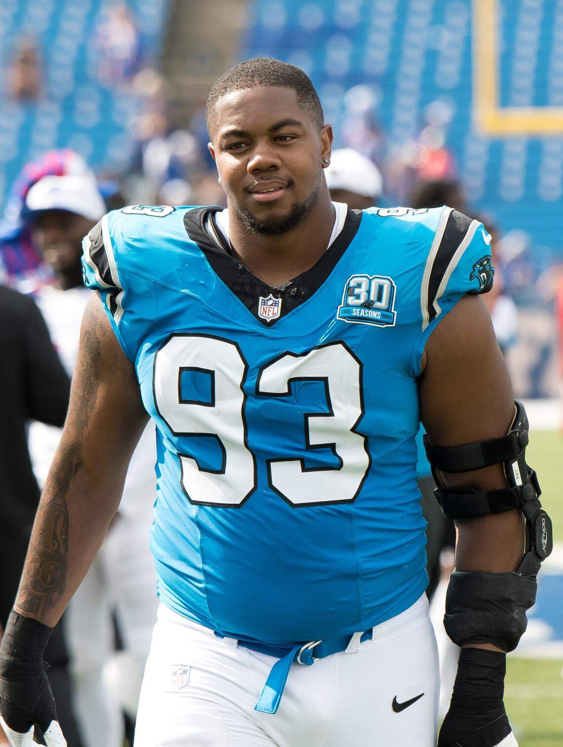 Aug 24, 2024; Orchard Park, New York, USA; Carolina Panthers defensive end LaBryan Ray (93) leaves the field after a pre-season game against the Buffalo Bills at Highmark Stadium. Mandatory Credit: Mark Konezny-USA TODAY Sports