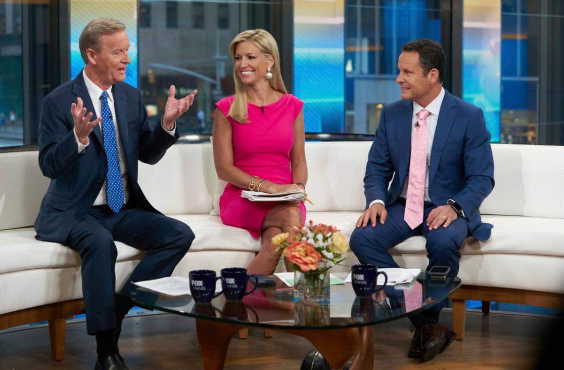 Ainsley Earhardt with “Fox & Friends” co-hosts Steve Doocy (left) and Brian Kilmeade (right), back when it was safe to be in the studio in Manhattan.