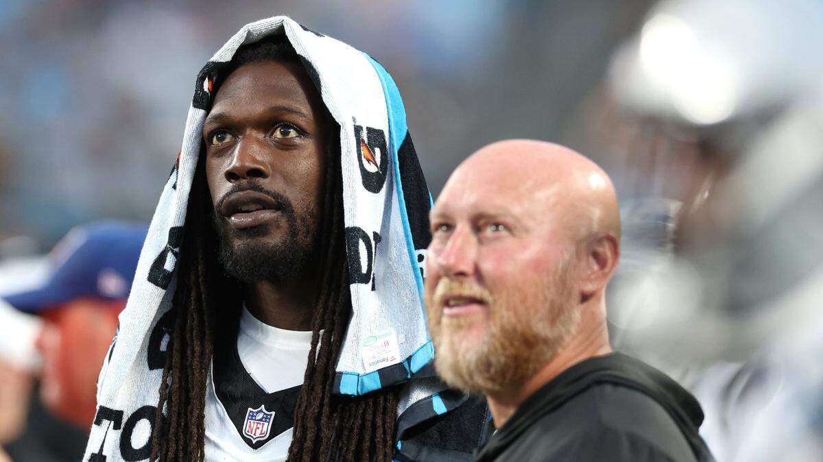 Carolina Panthers linebacker Jadeveon Clowney stands along the team’s sideline during second quarter action against the New York Jets at Bank of America Stadium in Charlotte, NC on Saturday, August 17, 2024.