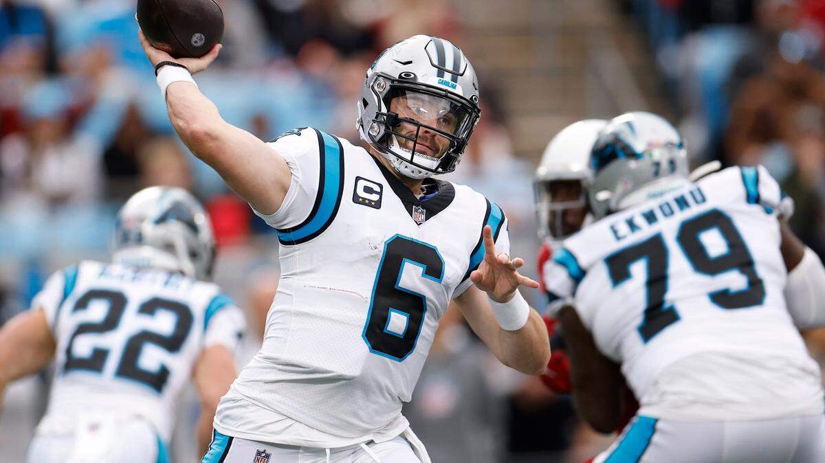 Carolina Panthers quarterback Baker Mayfield (6) said Wednesday that a lot of Carolina’s offensive struggles are his fault.