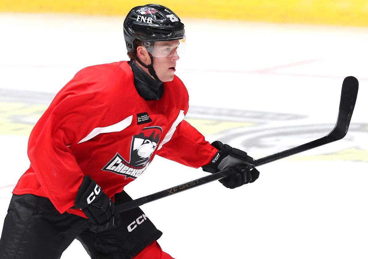 Charlotte Checkers Wilmer Skoog practices with his teammates at BoJangles Coliseum on Thursday, October 9, 2025 in Charlotte, NC.