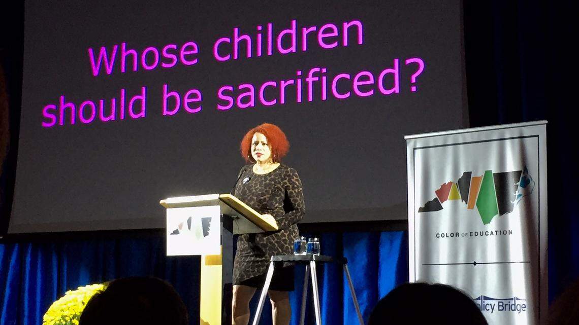 Education writer Nikole Hannah-Jones speaks to about 600 education advocates at Duke University on Tuesday to kick off a long-term focus on race and equity in education.