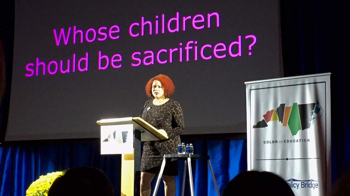 Education writer Nikole Hannah-Jones speaks to about 600 education advocates at Duke University on Tuesday to kick off a long-term focus on race and equity in education.