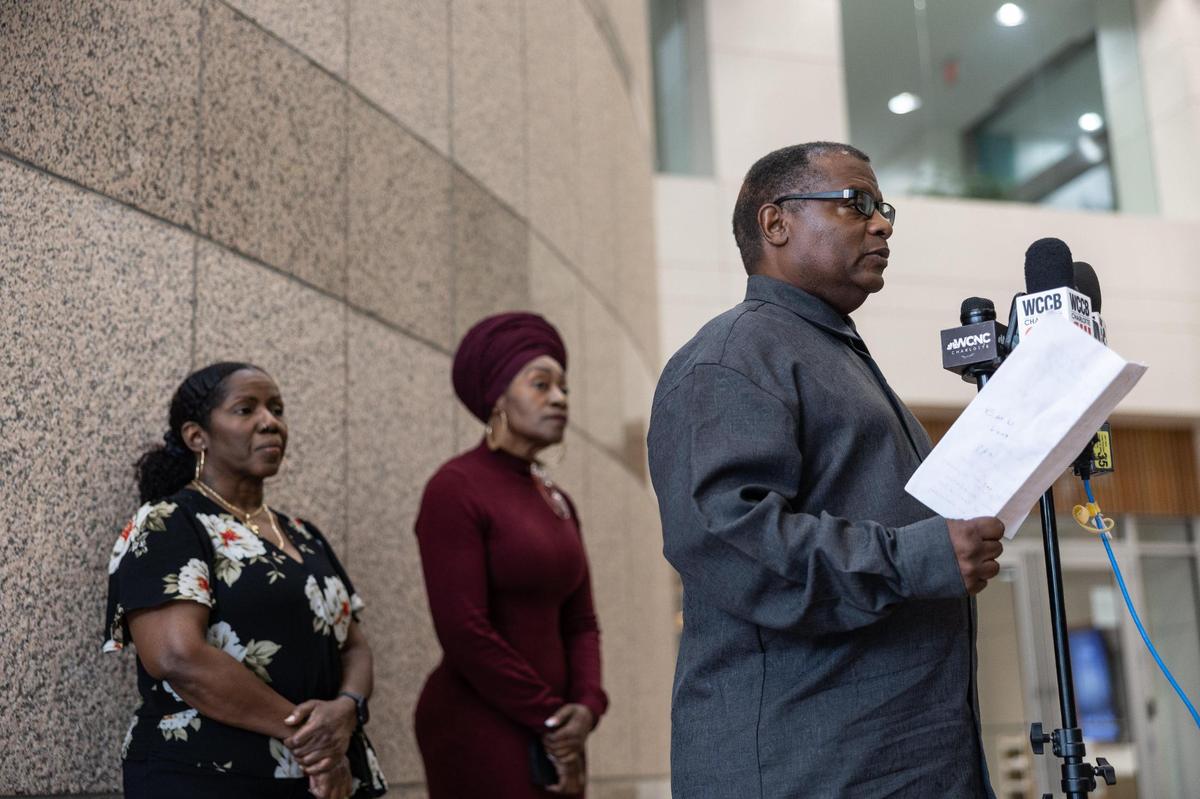 BJ Murphy speaks during a press conference at the Charlotte-Mecklenburg Government Center on Monday.