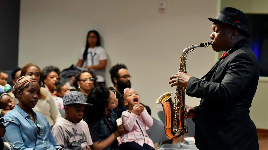 Harvey Cummings II, seen here performing in 2018 at a Gantt Center jazz series event. He frequently has performed family-frinedly jazz workshops for the Gantt.