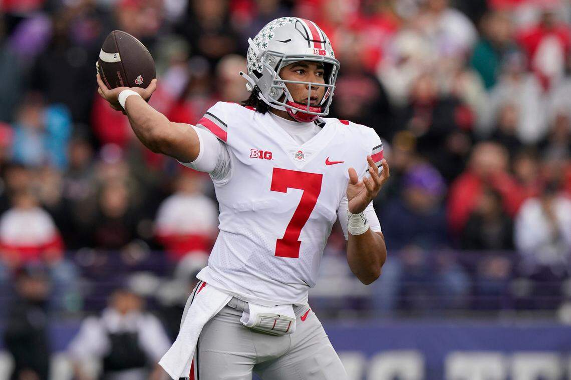 Ohio State quarterback C.J. Stroud throws a pass during the first half of an NCAA college football game against Northwestern, Saturday, Nov. 5, 2022, in Evanston, Ill. (AP Photo/Nam Y. Huh)