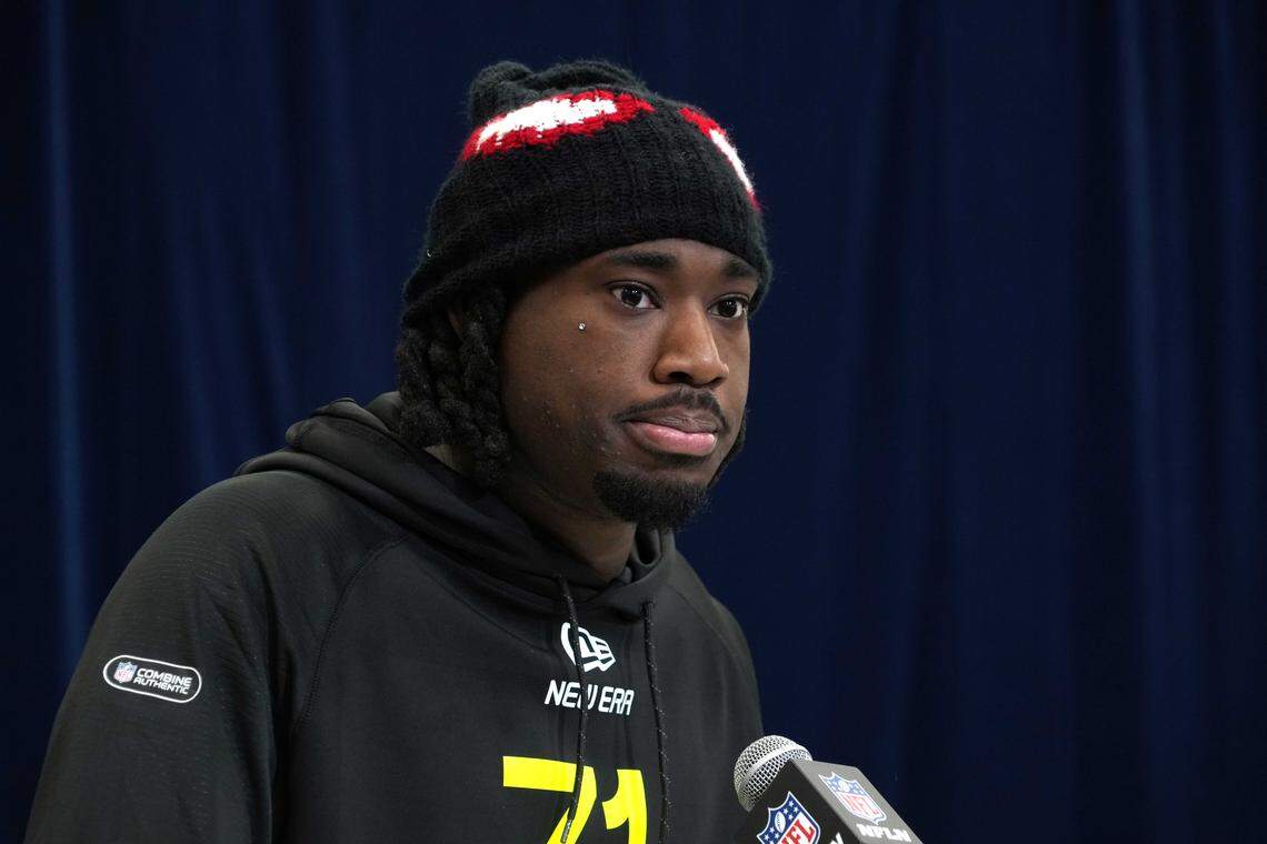 Feb 27, 2025; Indianapolis, IN, USA; Mississippi defensive lineman Princely Umanmielen (DL71) during the 2025 NFL Scouting Combine at the Indiana Convention Center. Mandatory Credit: Kirby Lee-Imagn Images
