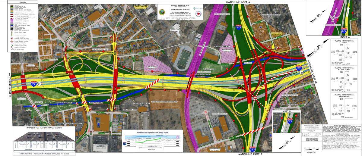A rendering of the I-77 South Express Lanes project looking at the changes by McCrorey Heights and the Brookshire Freeway. Red and yellow are proposed road and structure changes.