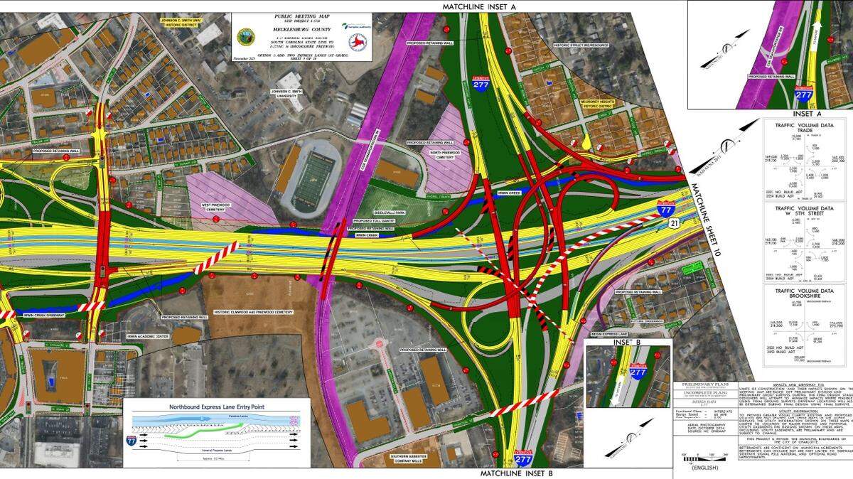 A 2025 rendering of the I-77 South Express Lanes project looking at the changes by McCrorey Heights and the Brookshire Freeway.