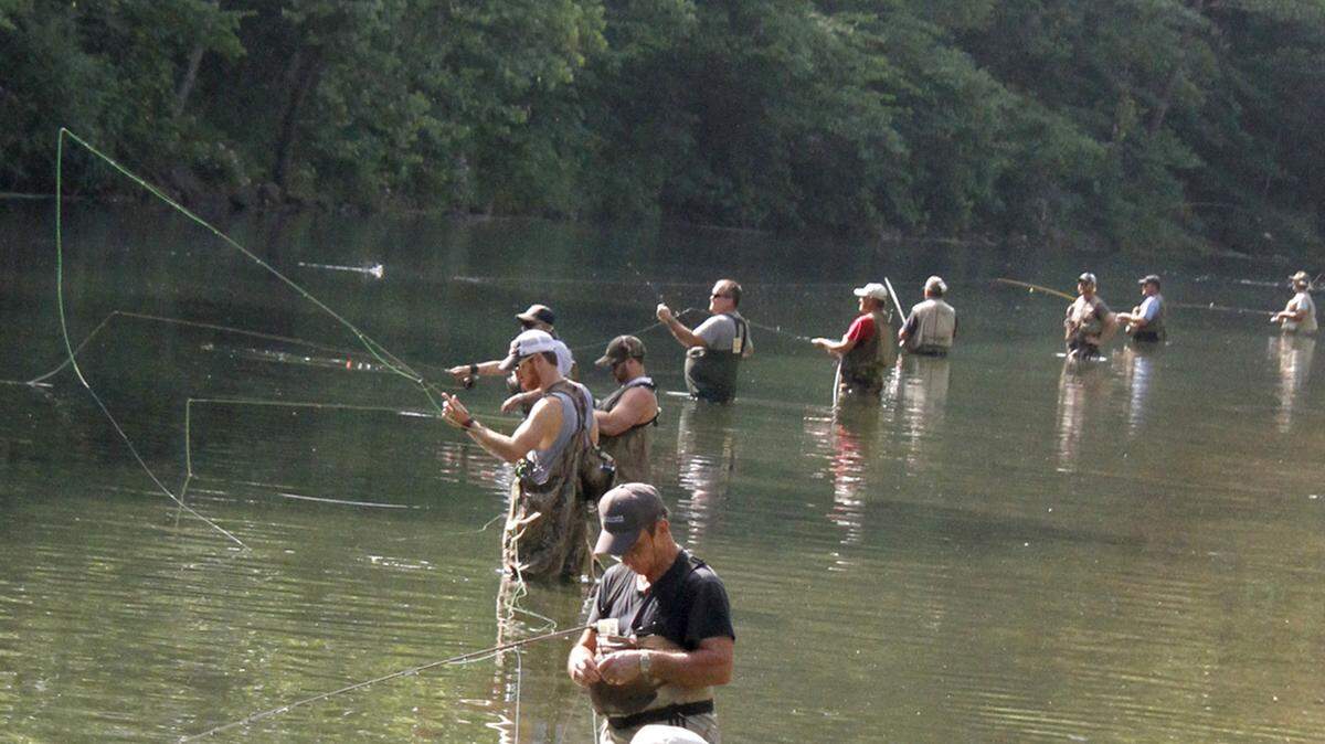 More than 100,000 anglers enjoy Bennett Springs State Park annually, coming for the stream that’s well-stocked with rainbow trout. Despite the crowds, nearly all anglers catch fish and get along well.