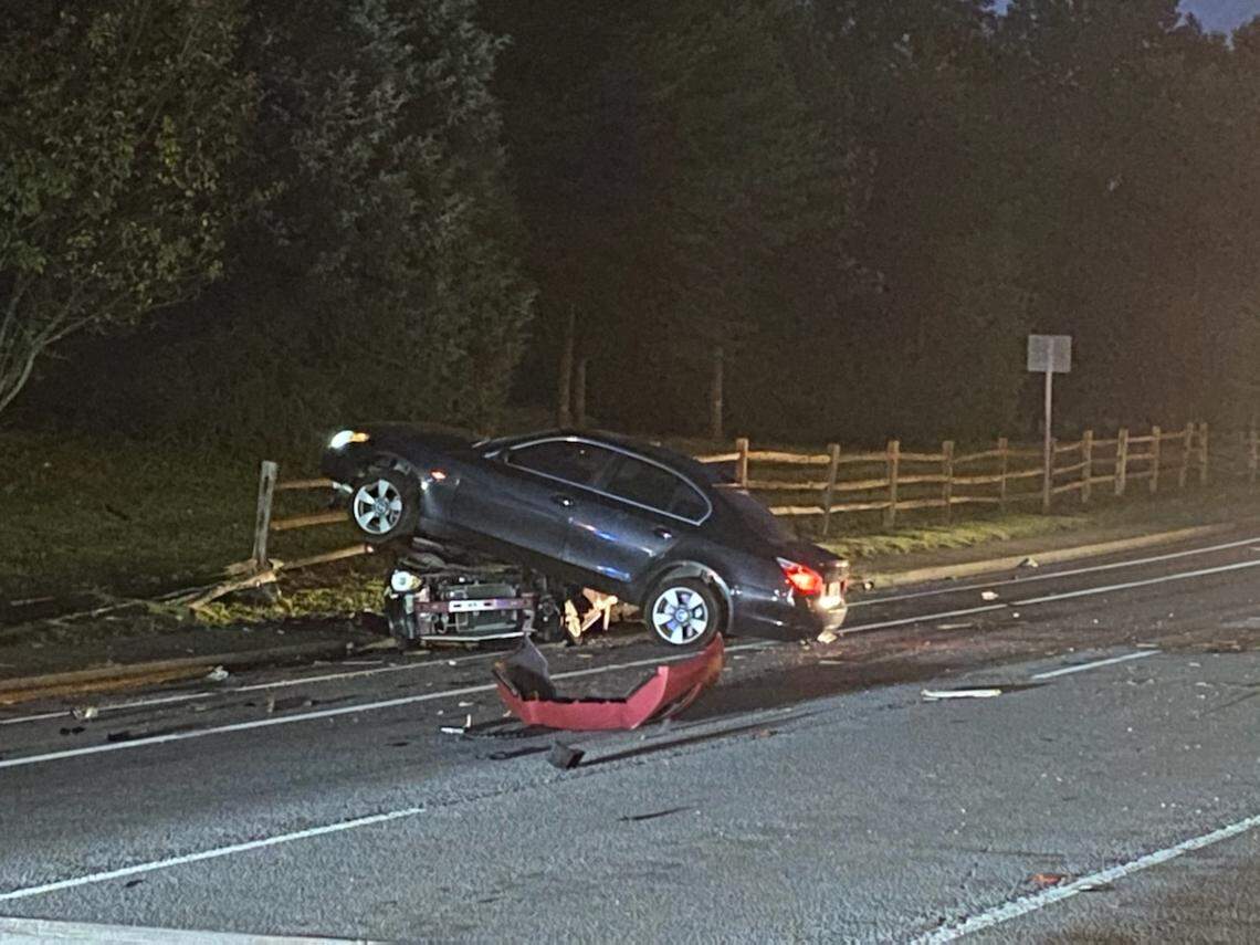 Nashville police say a 60-year-old was killed when a BMW went airborne and landed on his car Saturday.