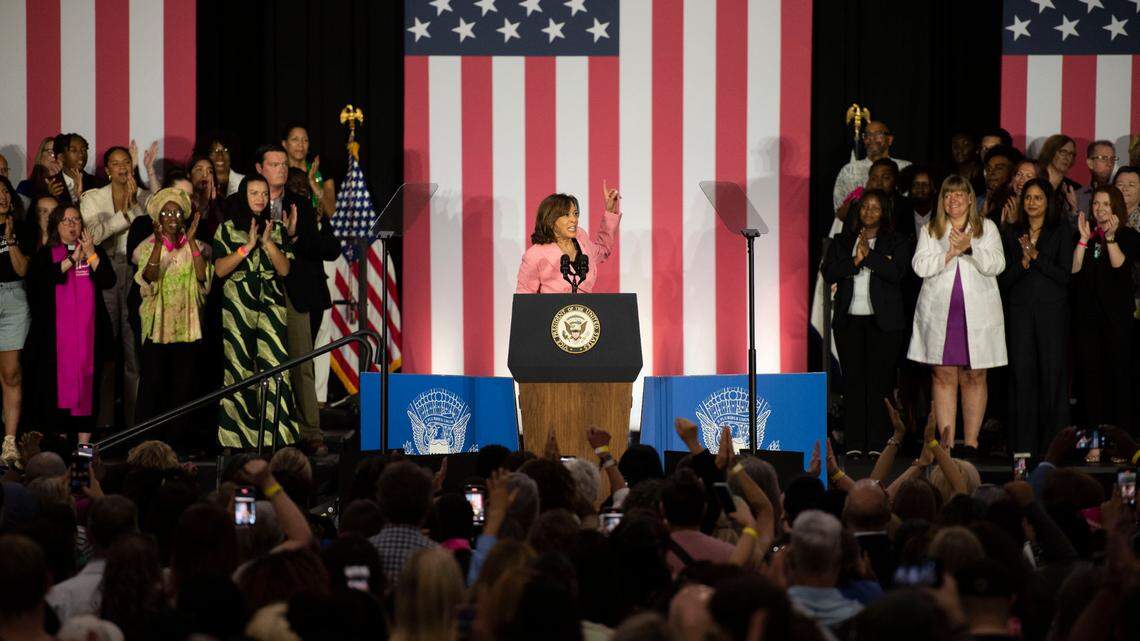 Vice President Kamala Harris gives remarks during a speech in Charlotte, North Carolina, on Saturday, June 24, 2023. The remarks focused on the one-year anniversary of Roe vs. Wade being overturned.