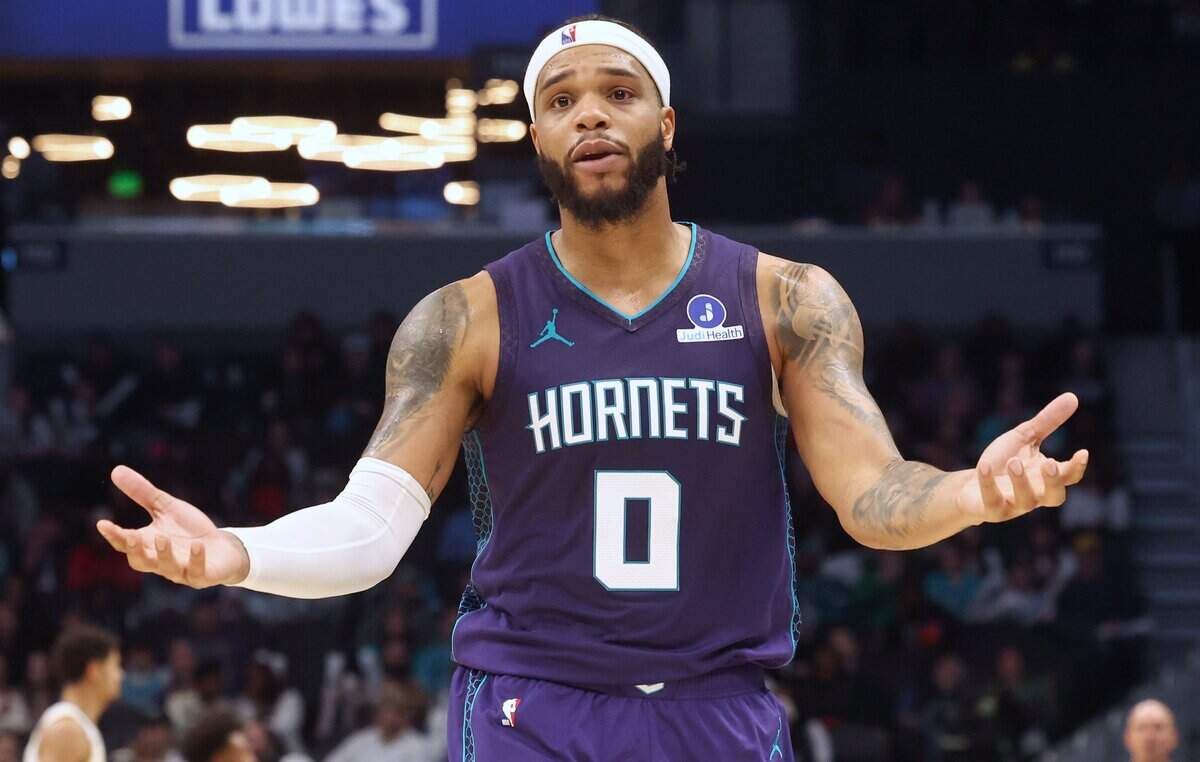 Charlotte Hornets forward Miles Bridges pleads his case over a non-call during action against the Indiana Pacers at Spectrum Center in Charlotte, North Carolina, on Jan. 8, 2026.