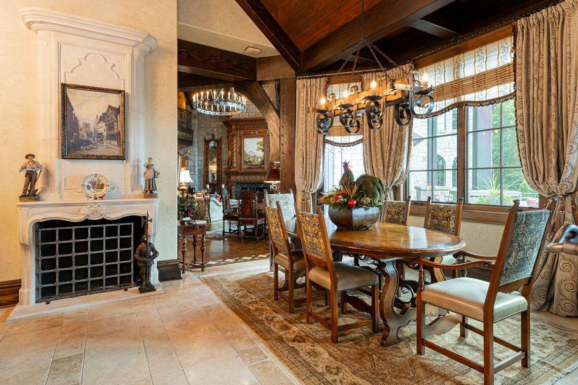 A dining area of the home looks out to other mountains.